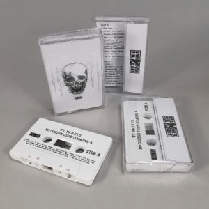 White tapes with black on-body prints in clear cases with J-cards