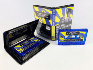 Transparent blue cassette shells with sticker printing in black rave case