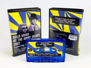 Transparent blue cassette shells with sticker printing in black rave case