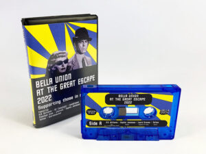 Transparent blue cassette shells with sticker printing in black rave case