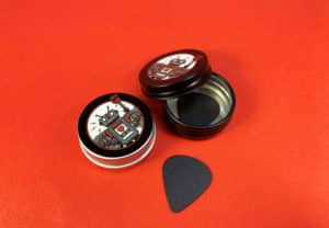 Silver and black metal guitar pick tins with full colour on-body print