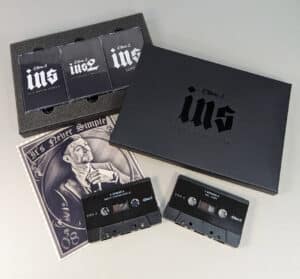 A5 black box set with black foil lid print, three cassette tapes and custom printed insert