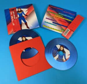Glass mastered custom blue vinyl-style CDs in red record-style inner wallets, printed oversized wallets and obi strips