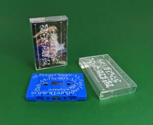 Sharmi blue tapes with white on-body printing and cassette cases with white on-body printing