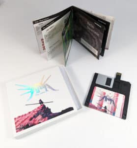 Black floppy disk USBs in printed matchboxes with holographic foil printing and booklets