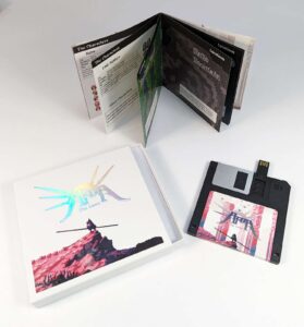 Black floppy disk USBs in printed matchboxes with holographic foil printing and booklets