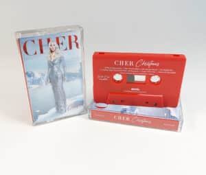 Solid red cassette tapes with white on-body printing in cases with J-cards